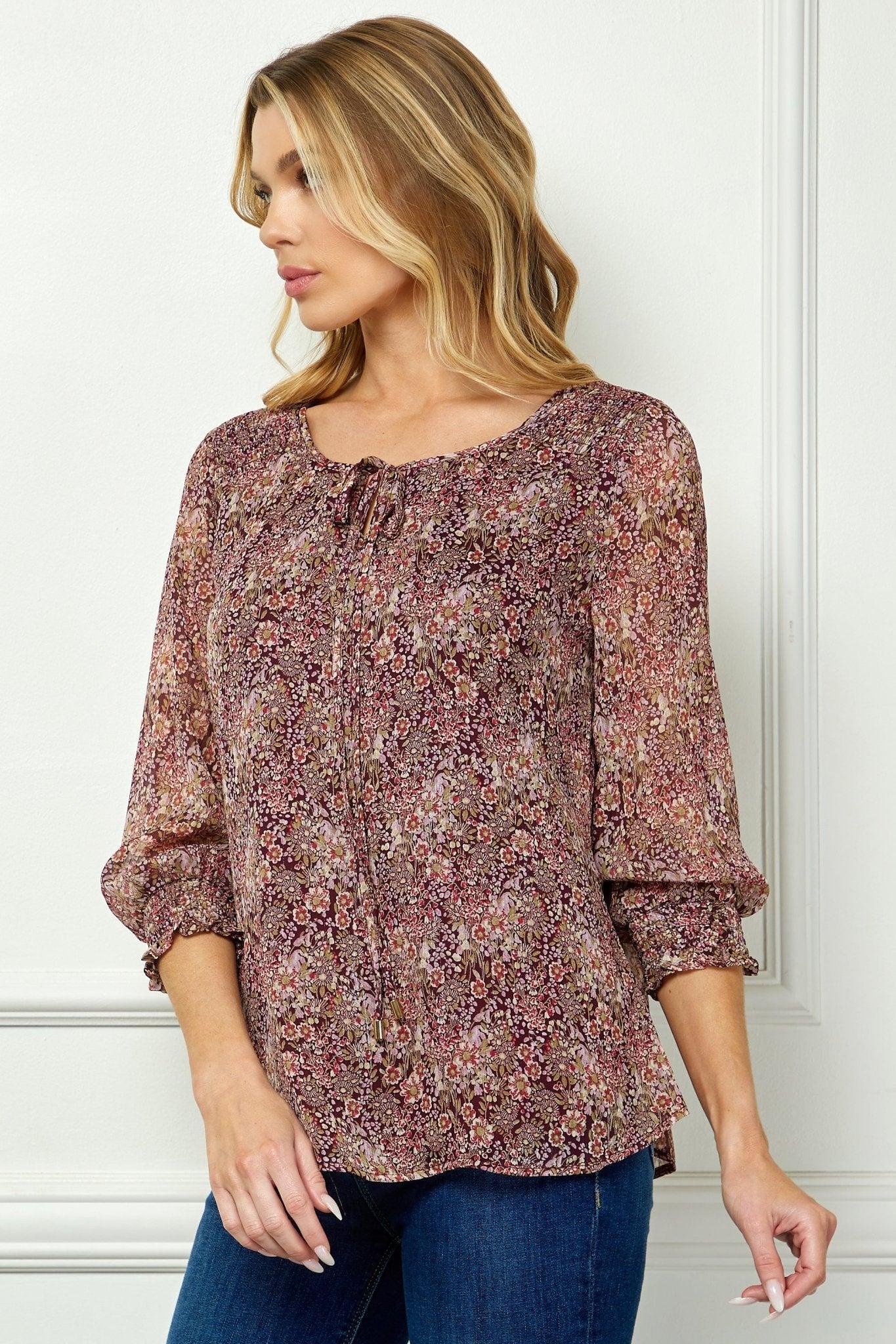 Burgundy Floral 3/4 Sleeve Blouse Product Image