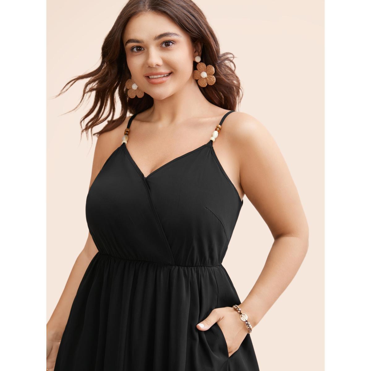 Plus Size Bead Detail Overlap Collar Cami Dress Black Women Resort Gathered Overlap Collar Sleeveless Curvy BloomChic 14-16/1X Product Image