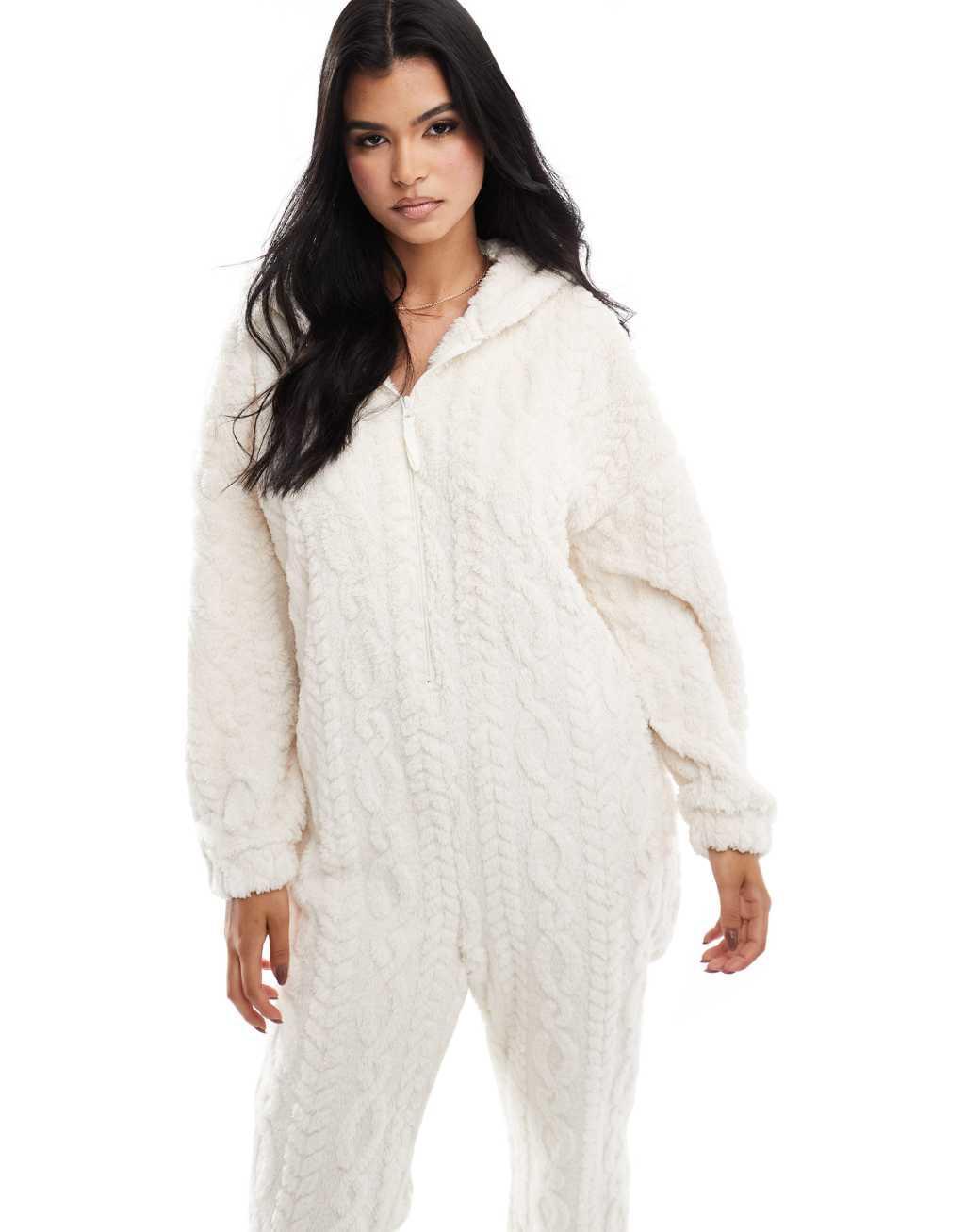 ASOS DESIGN lounge cable textured cloud fleece onesie in cream Product Image