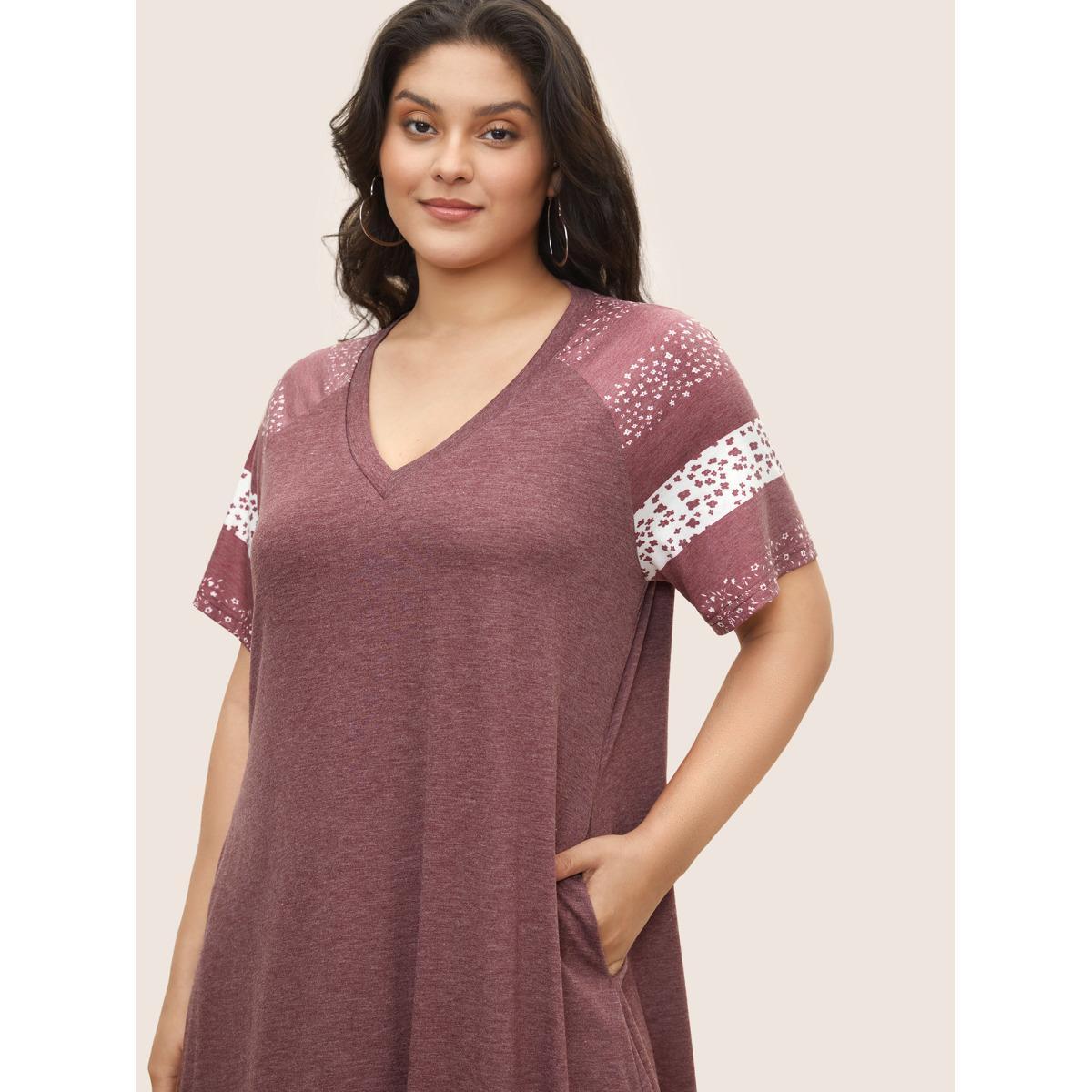 Plus Size Ditsy Floral Patchwork Raglan Sleeve Pocket Dress Russet Women Casual Non V-neck Short sleeve Curvy Midi Dress BloomChic 28/5X Product Image