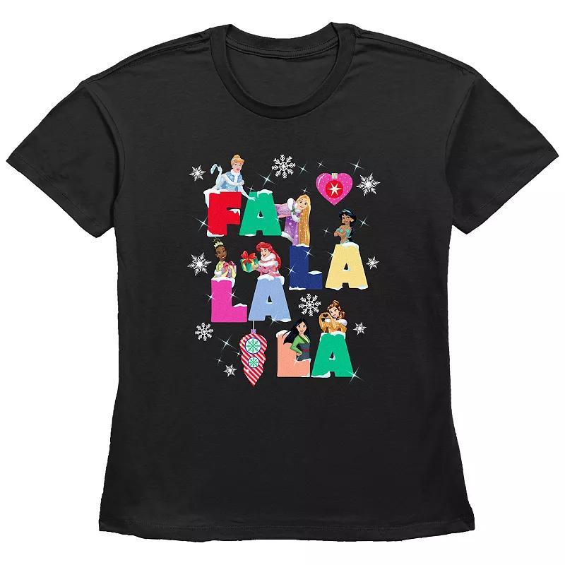 Disney Princess Cinderella, Rapunzel, Jasmine, Tiana, Ariel, Mulan & Belle Fa La La La Christmas Singing Women's Graphic Tee, Size: Small, Black Product Image