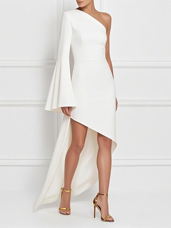 High-Low Long Sleeves Asymmetric Solid Color One-Shoulder Maxi Dresses Product Image