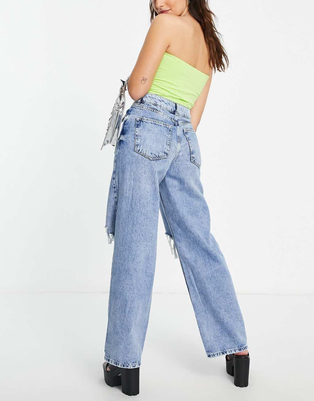 New Look Petite 90s ripped baggy jean in mid blue Product Image