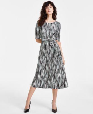 Kasper Womens Printed Elbow-Sleeve Midi Dress - Black Product Image