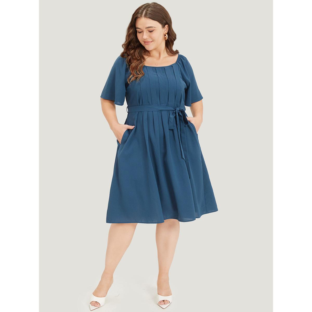 Plus Size Plain Pocket Belted Pleated Raglan Sleeve Dress Aegean Women Office Gathered Round Neck Short sleeve Curvy Midi Dress BloomChic 28/5X Product Image