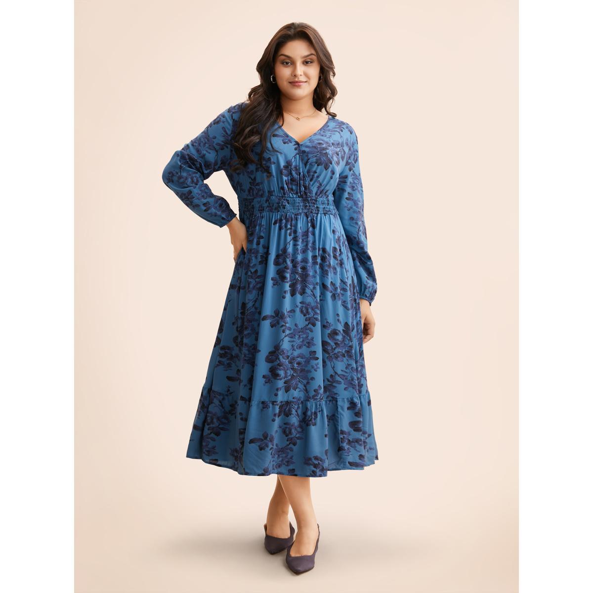 Plus Size Floral Wrap Lantern Sleeve Pocket Shirred Ruffle Hem Dress Indigo Women Elegant Pocket V-neck Long Sleeve Curvy Midi Dress BloomChic 14-16/1X Product Image