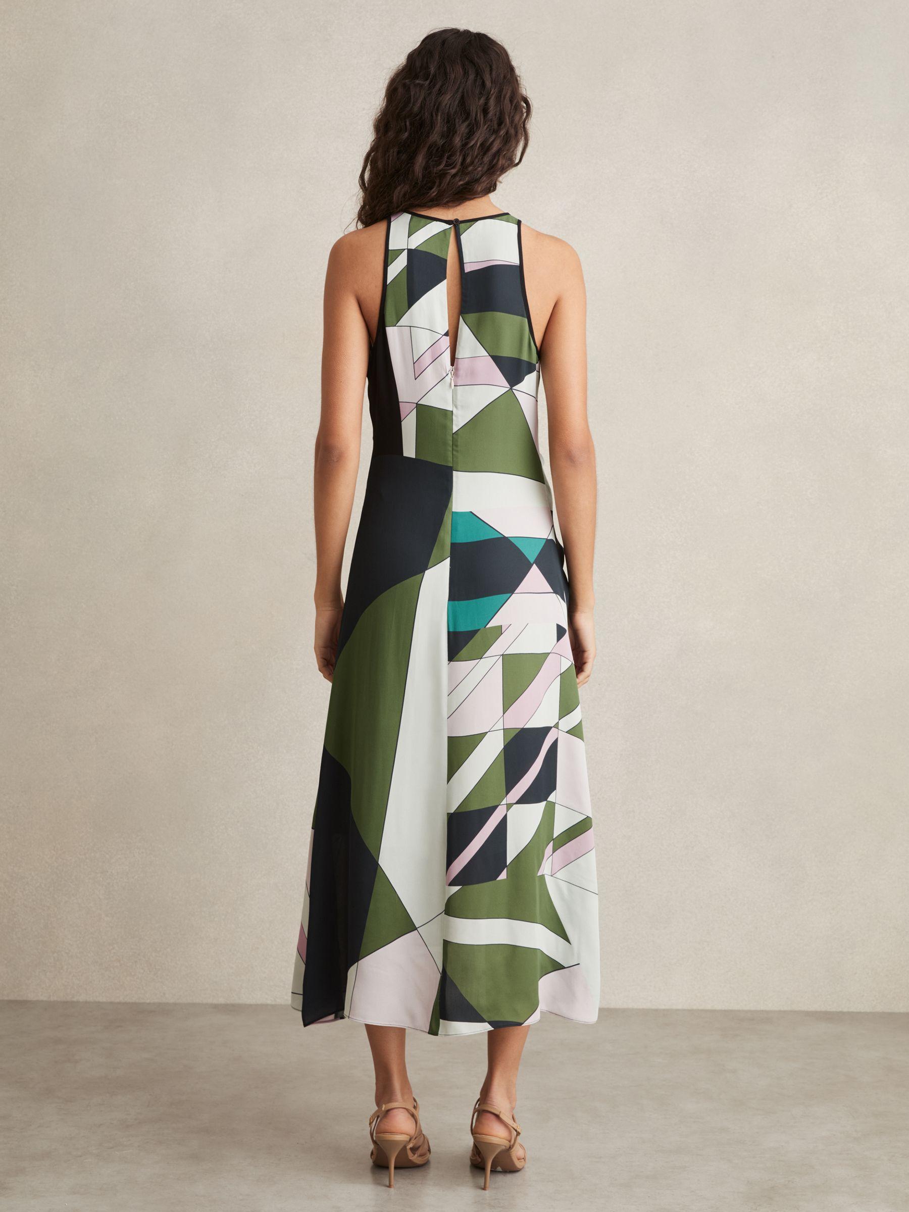 Geometric-Print Gathered Midi Dress in Green Product Image