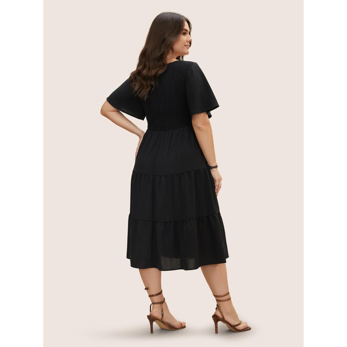 Plus Size Heart Neckline Ruched Ruffle Layered Hem Dress Black Women Elegant Gathered Heart neckline Short sleeve Curvy BloomChic 12/L Product Image