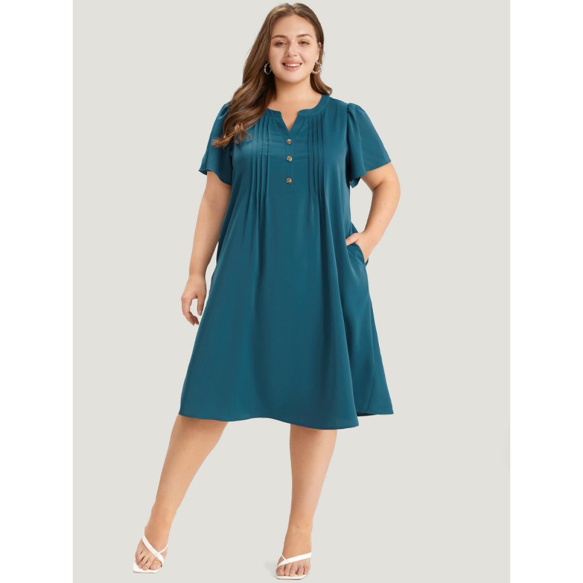 Plus Size Solid Pleated Front Button Detail Notched Ruffle Sleeve Dress Aegean Women Elegant Pleated Notched collar Short sleeve Curvy Knee Dress BloomChic 22-24/3X Product Image