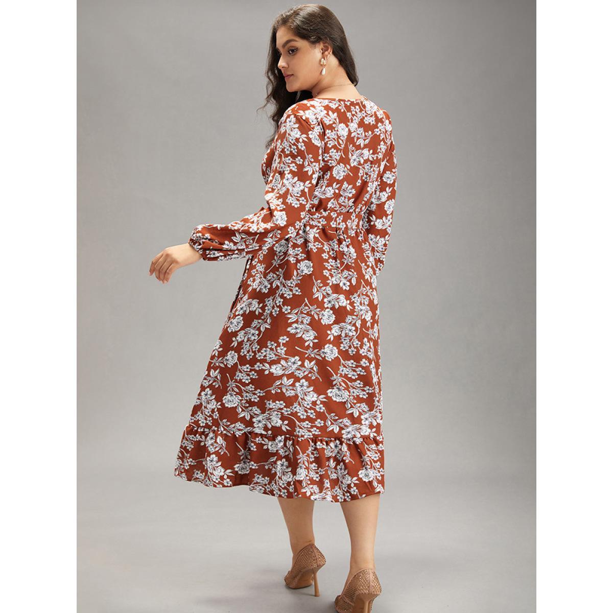 Plus Size Floral Print Elastic Cuffs Ruffle Hem Dress Rust Women Elegant Elastic cuffs V-neck Long Sleeve Curvy Midi Dress BloomChic 14-16/1X Product Image