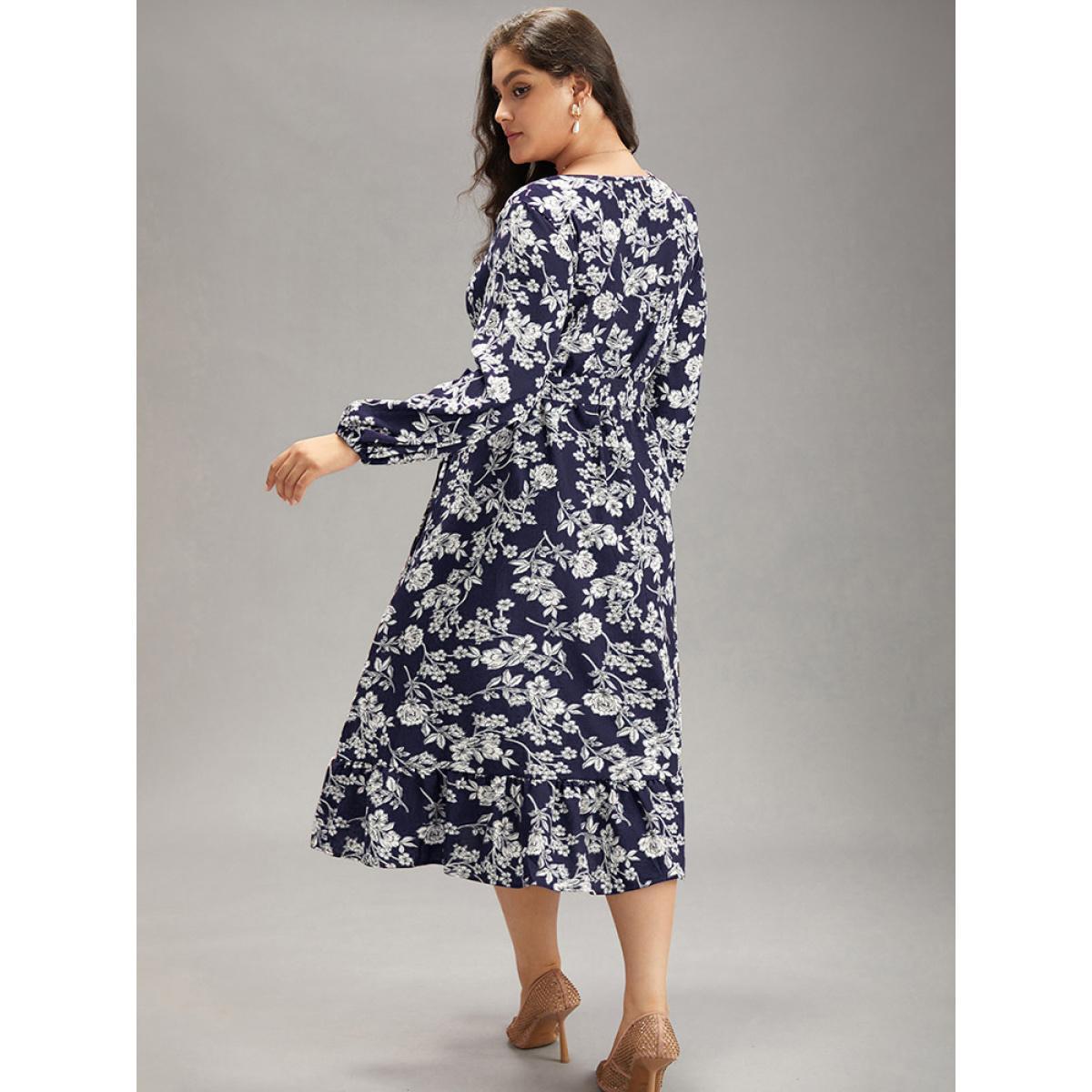 Plus Size Floral Print Elastic Cuffs Ruffle Hem Dress DarkBlue Women Elegant Elastic cuffs V-neck Long Sleeve Curvy Midi Dress BloomChic 10/M Product Image