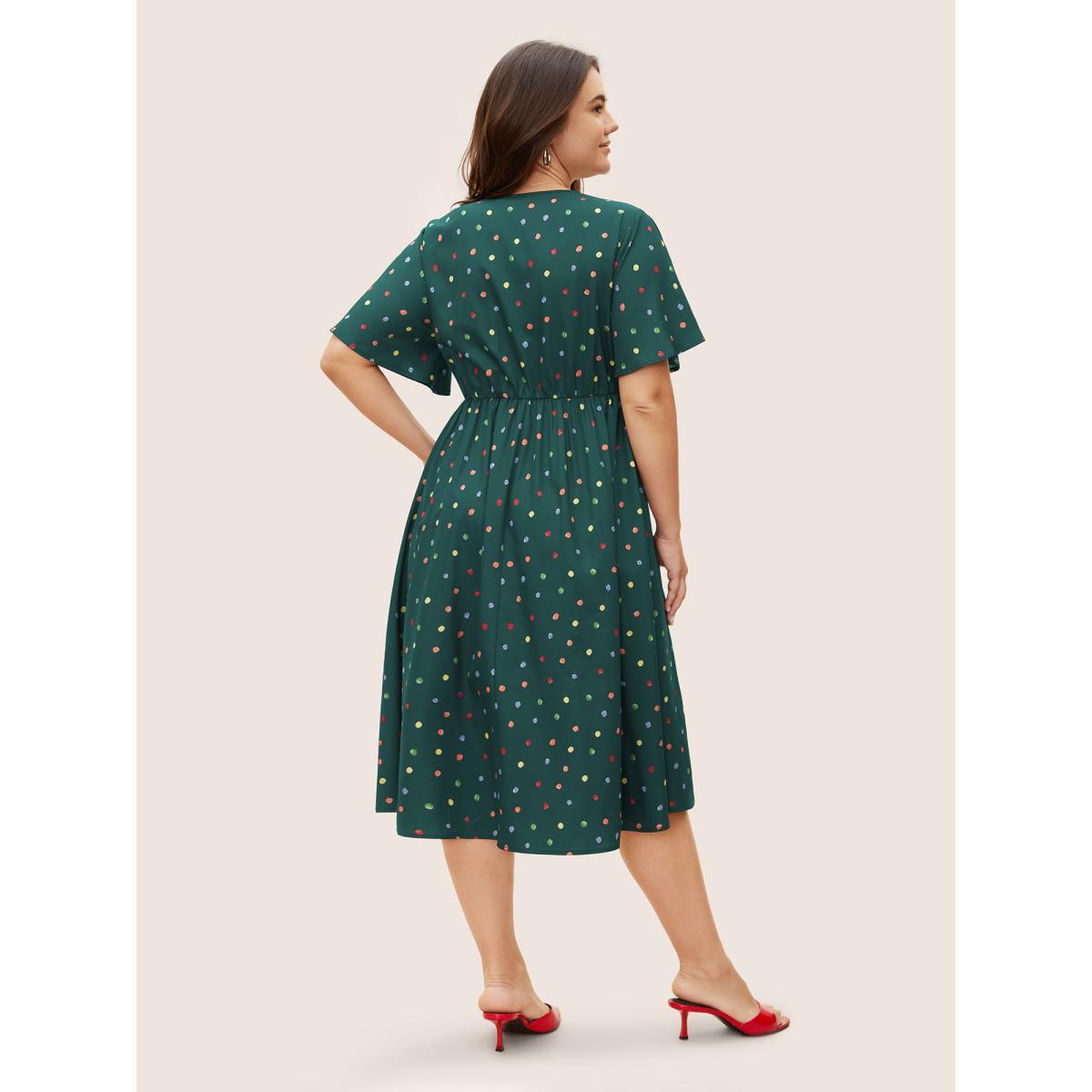 Plus Size Colored Polka Dot Overlap Collar Midi Dress DarkGreen Women Elegant Contrast Overlap Collar Short sleeve Curvy BloomChic 10/M Product Image