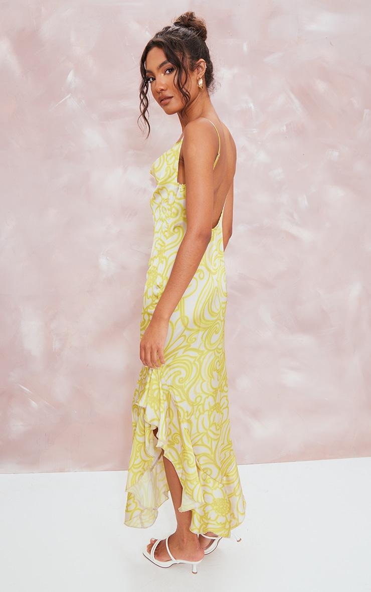 Lemon Floral Print Frill Satin Cowl Maxi Dress Product Image