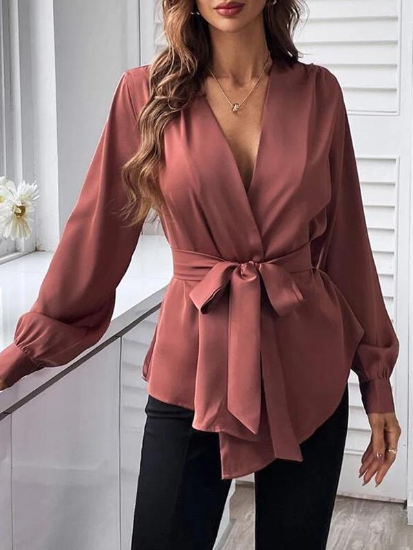 Loose Puff Sleeves Pleated Solid Color Split-Joint Tied Waist V-Neck Blouses&Shirts Tops Product Image