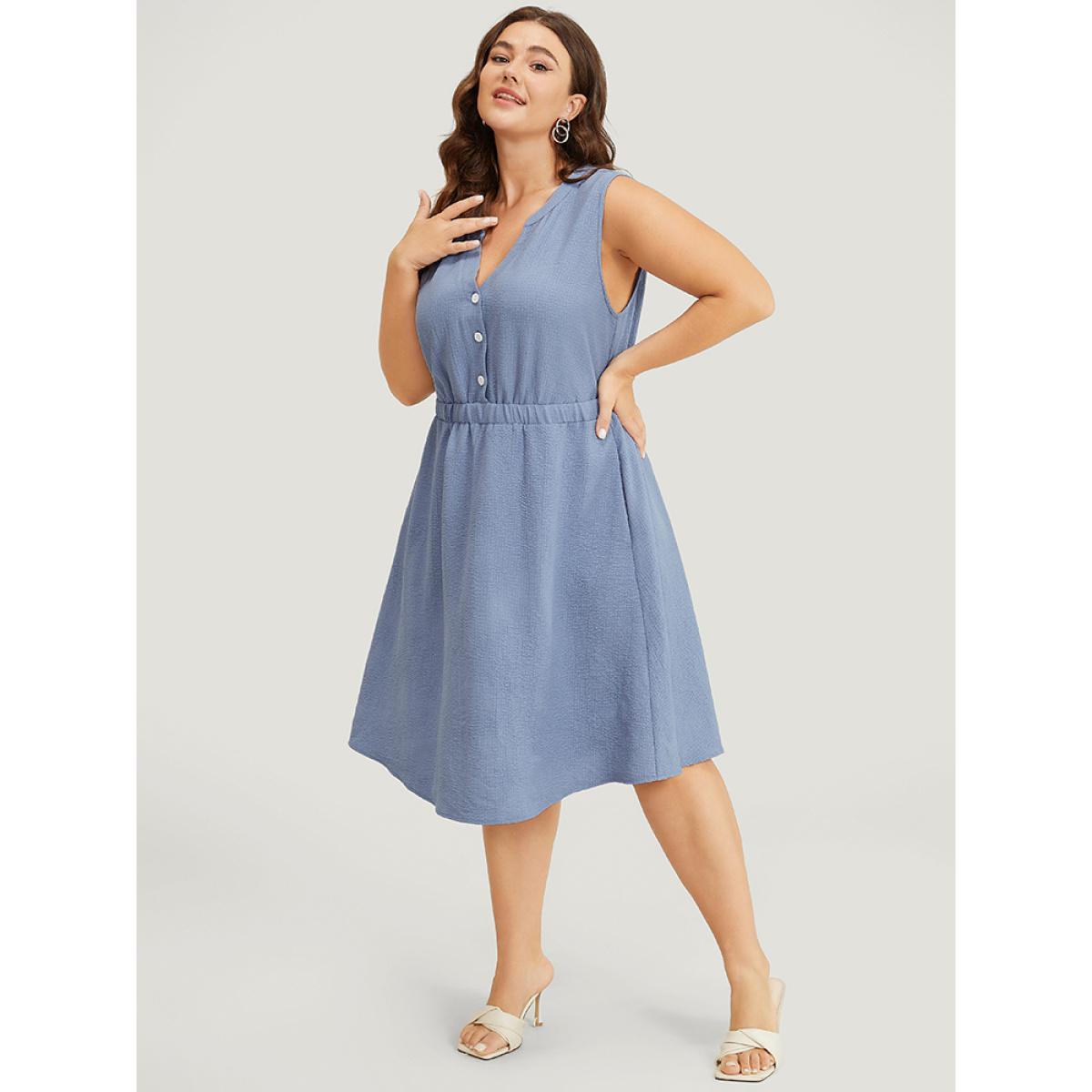 Plus Size Plain Textured Button Up Pocket Notched Neck Tank Dress Stone Women Office Elastic Waist Notched collar Sleeveless Curvy Knee Dress BloomChic 14-16/1X Product Image