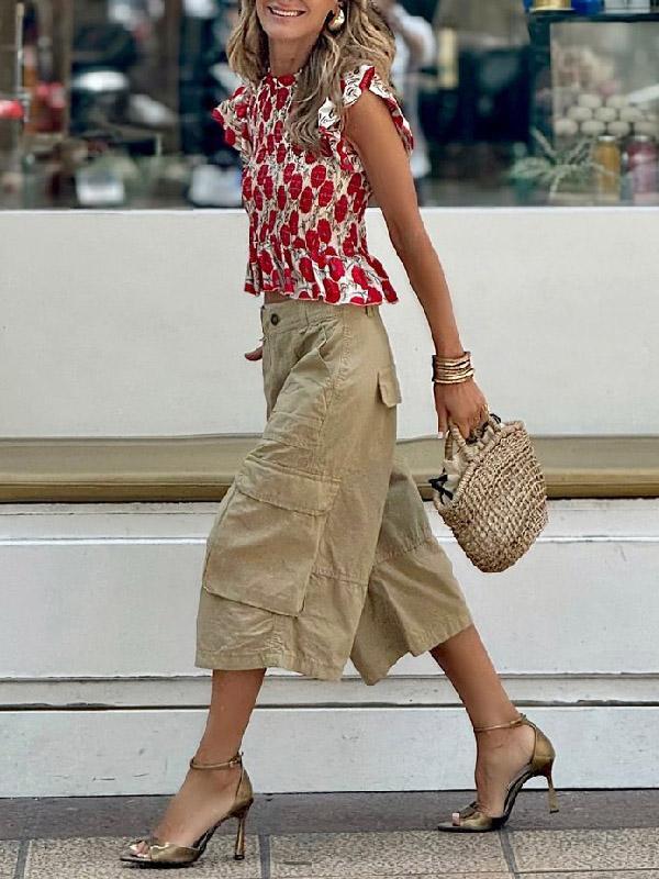 Loose Wide Leg Buttoned Pockets Solid Color Split-Joint Capri-Pants Cropped Trousers Product Image