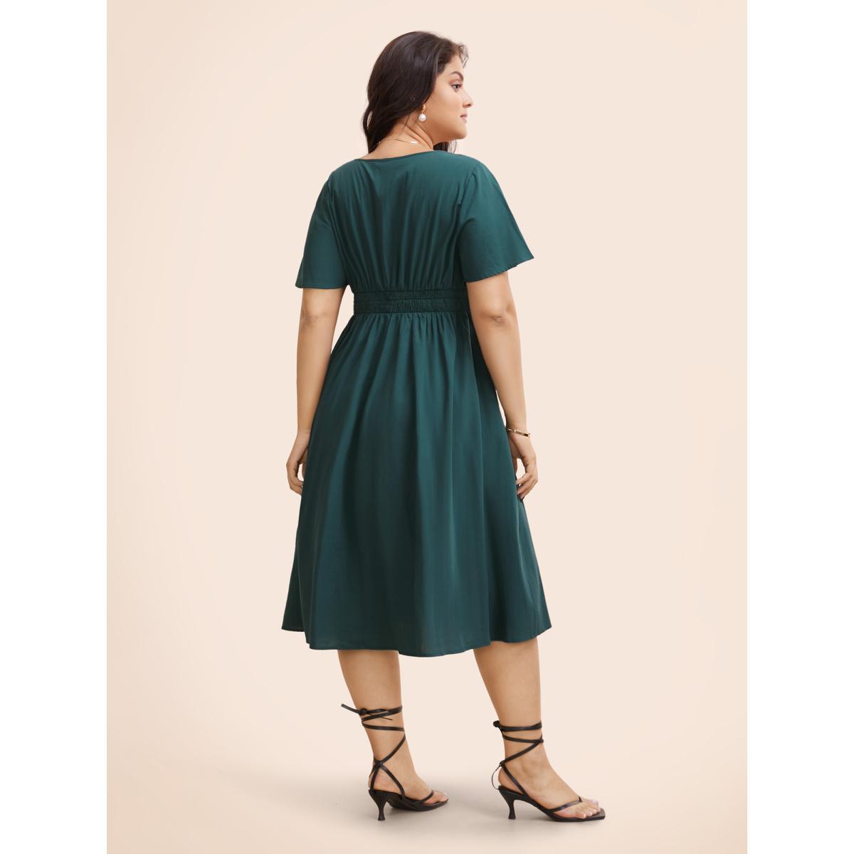 Plus Size Square Neck Ruffle Sleeve Shirred Dress ArmyGreen Women Elegant Shirred Square Neck Short sleeve Curvy BloomChic 28/5X Product Image