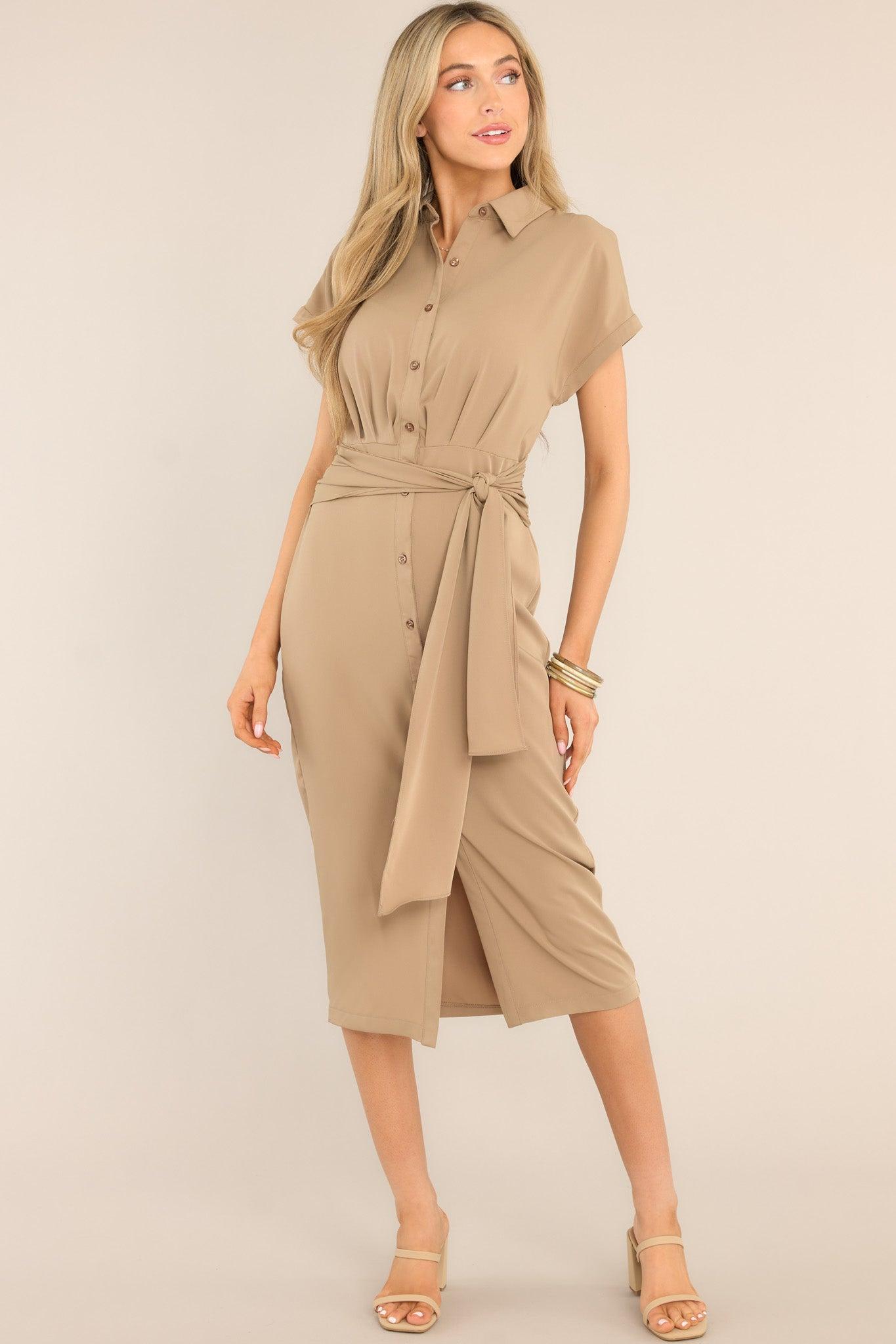 Working Together Tan Button Front Midi Dress Product Image