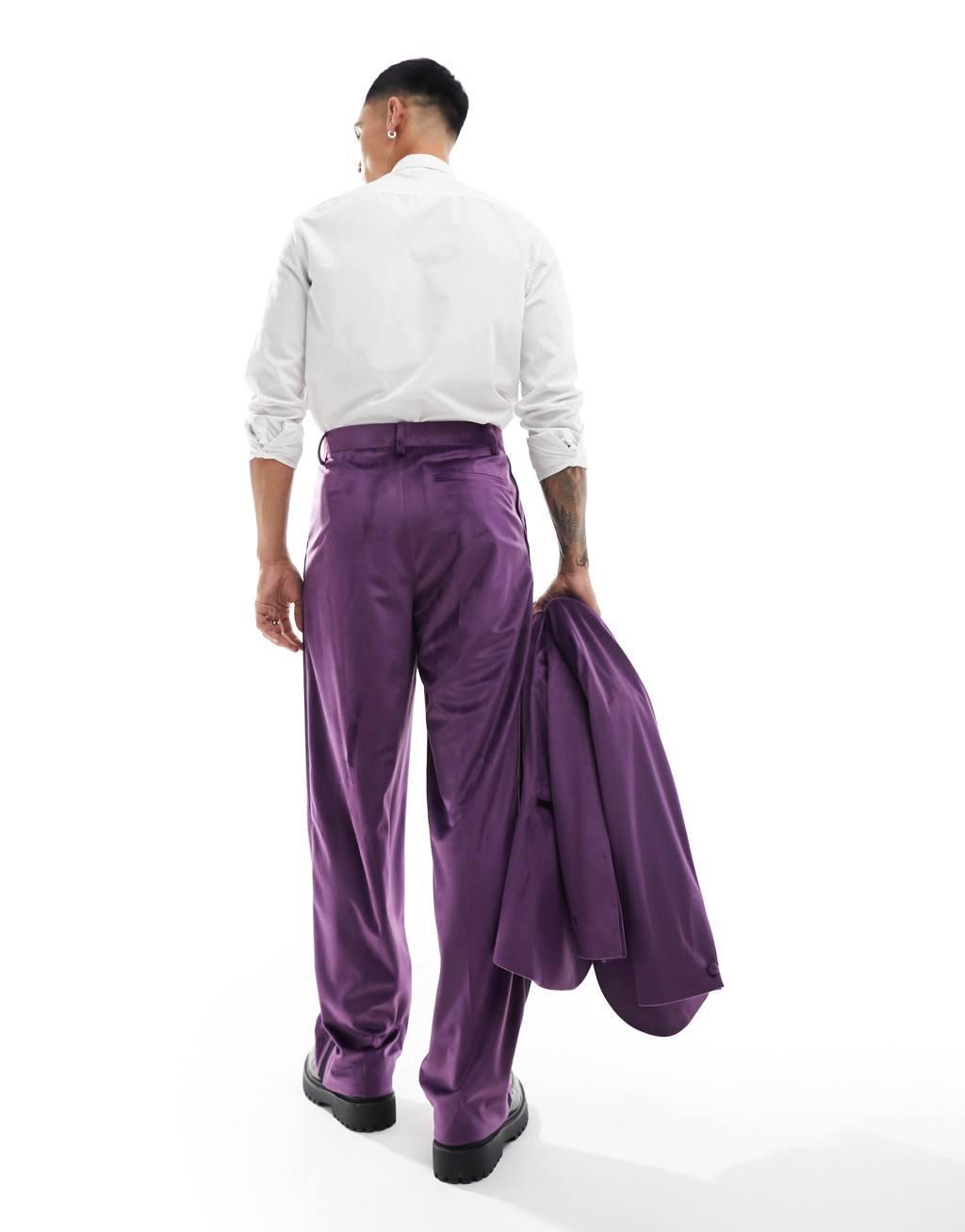 ASOS DESIGN wide leg velvet tuxedo suit pants in purple Product Image