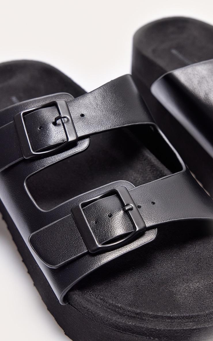  Black PU Round Toe Double Buckle Strap Chunky Flat Sandals Product Image