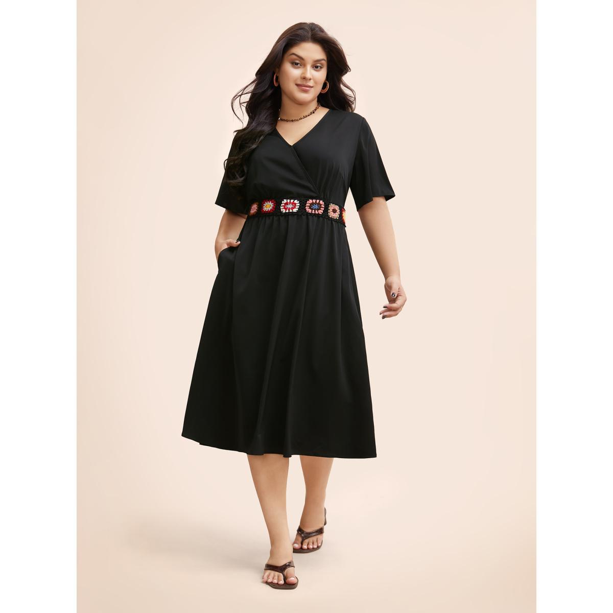 Plus Size Crochet Floral Overlap Collar Shirred Dress Black Women Elegant Woven ribbon&lace trim Overlap Collar Short sleeve Curvy BloomChic 14-16/1X Product Image