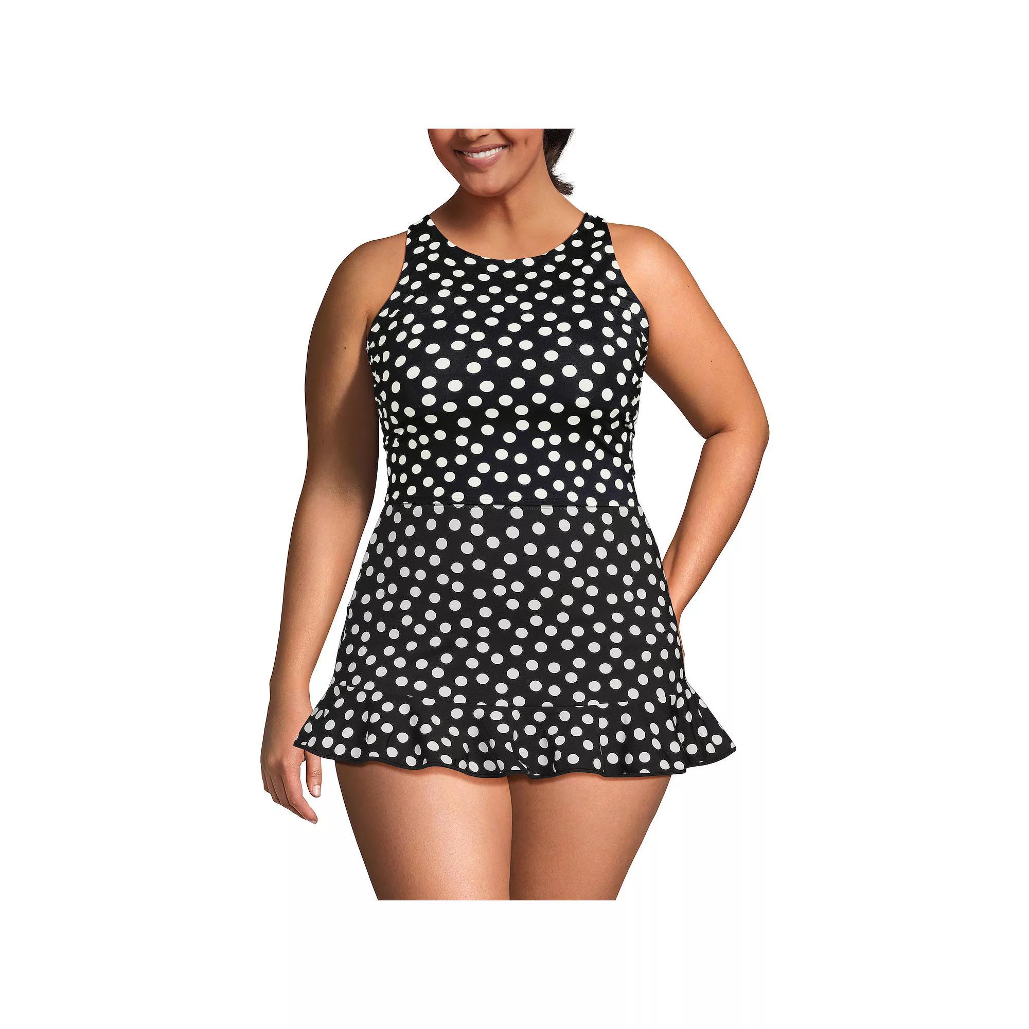 Plus Size Lands' End High Neck Racerback Tankini Swim Top, Women's, Size: 20 W, Black White Dots Product Image