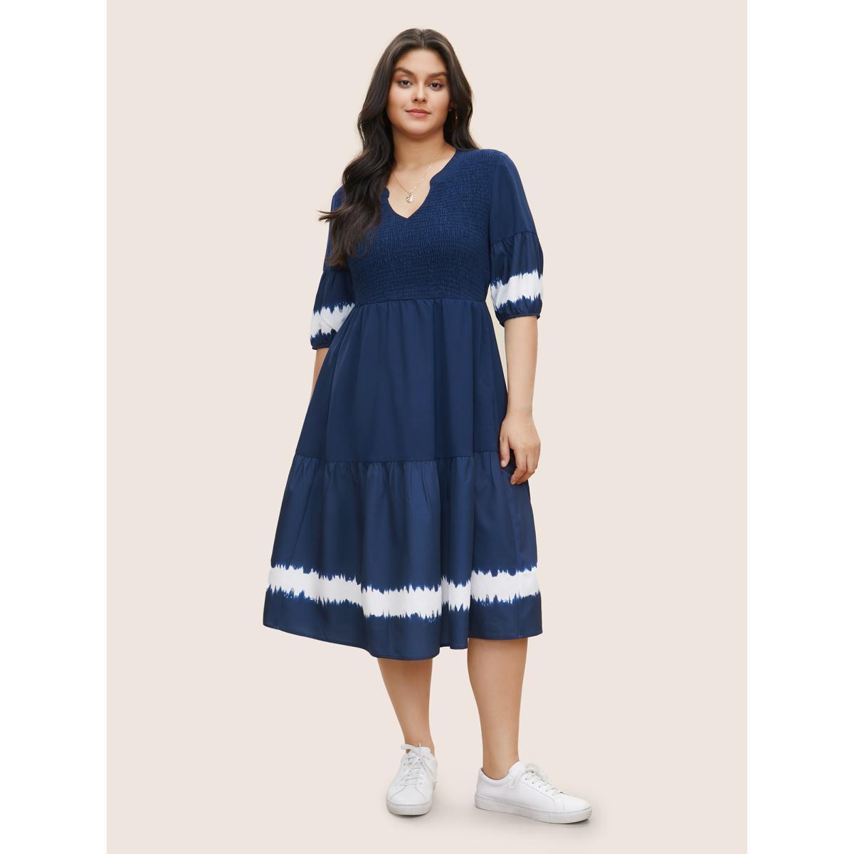 Plus Size Tie Dye Shirred Pocket Notched Dress DarkBlue Women Casual Non Notched collar Half Sleeve Curvy Midi Dress BloomChic 18-20/2X Product Image