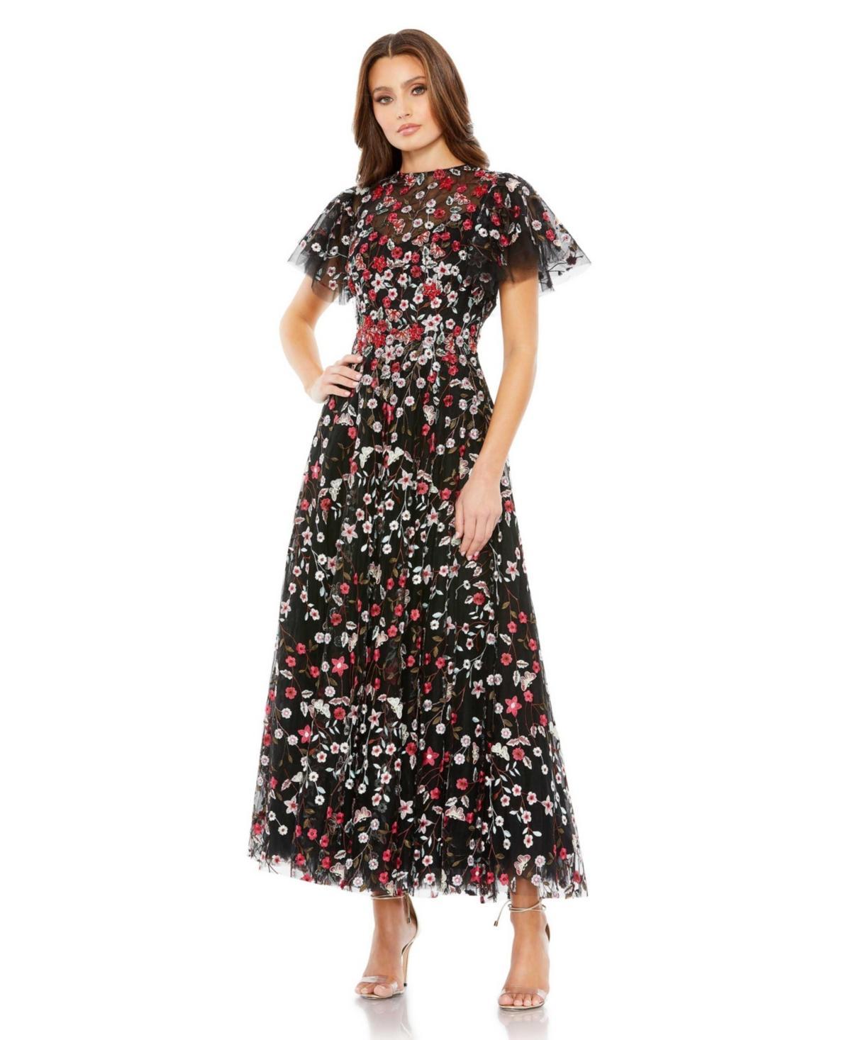 Womens Floral Embroidered Flutter-Sleeve Midi-Dress Product Image