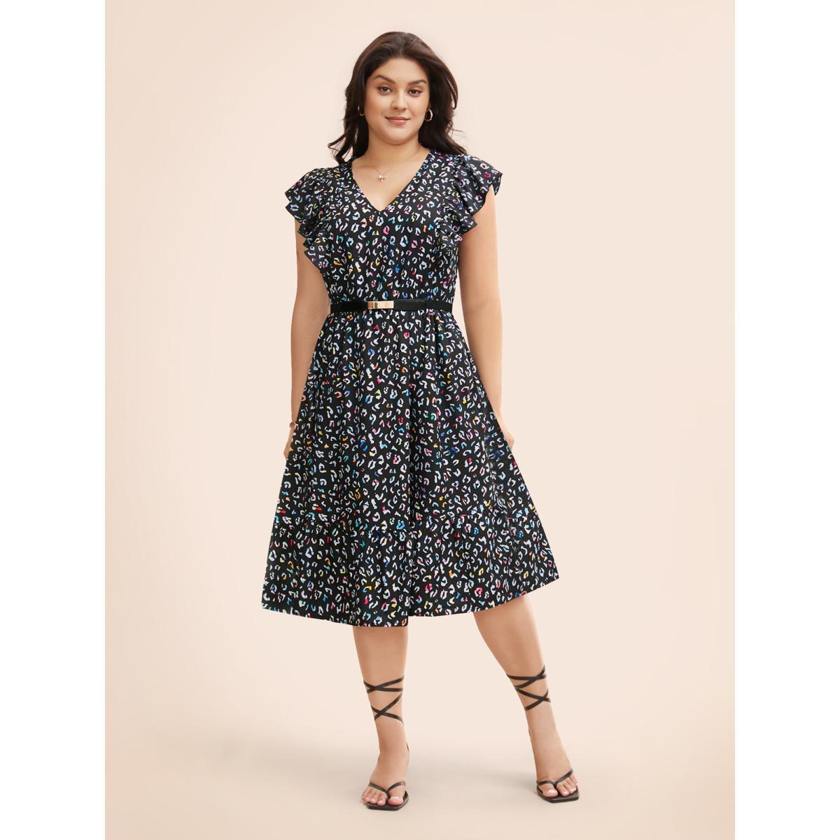 Plus Size Multi-color Leopard Print Elastic Waist Midi Dress Black Women Elegant Ruffles V-neck Cap Sleeve Curvy BloomChic 22-24/3X Product Image