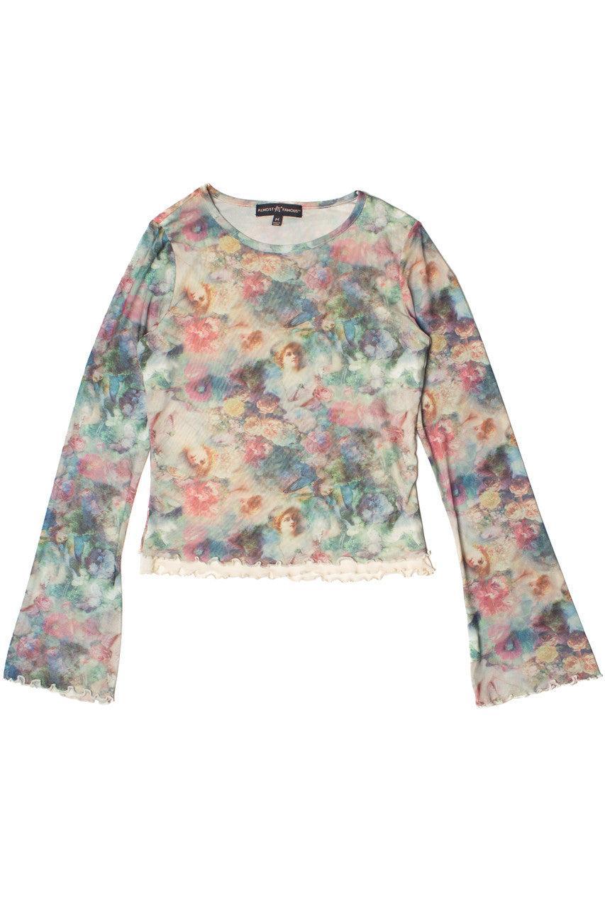 Long Sleeve Double Layer Printed Mesh Top Product Image