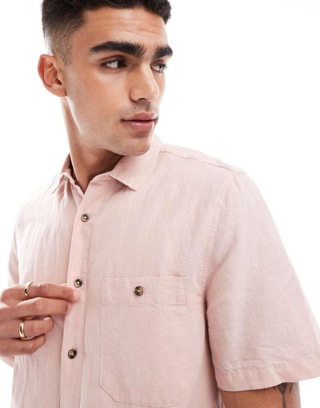 ASOS DESIGN relaxed shirt in linen mix in pink Product Image