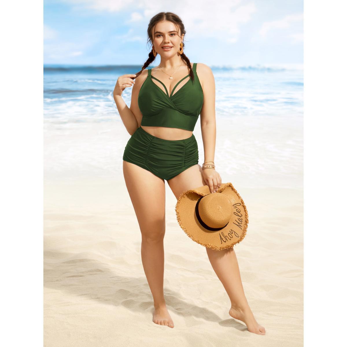 Plus Size Solid Cut Out Adjustable Straps Swim Top Women's Swimwear ArmyGreen Beach Non High stretch Skinny Overlap Collar Curve Swim Tops BloomChic 30/6X Product Image