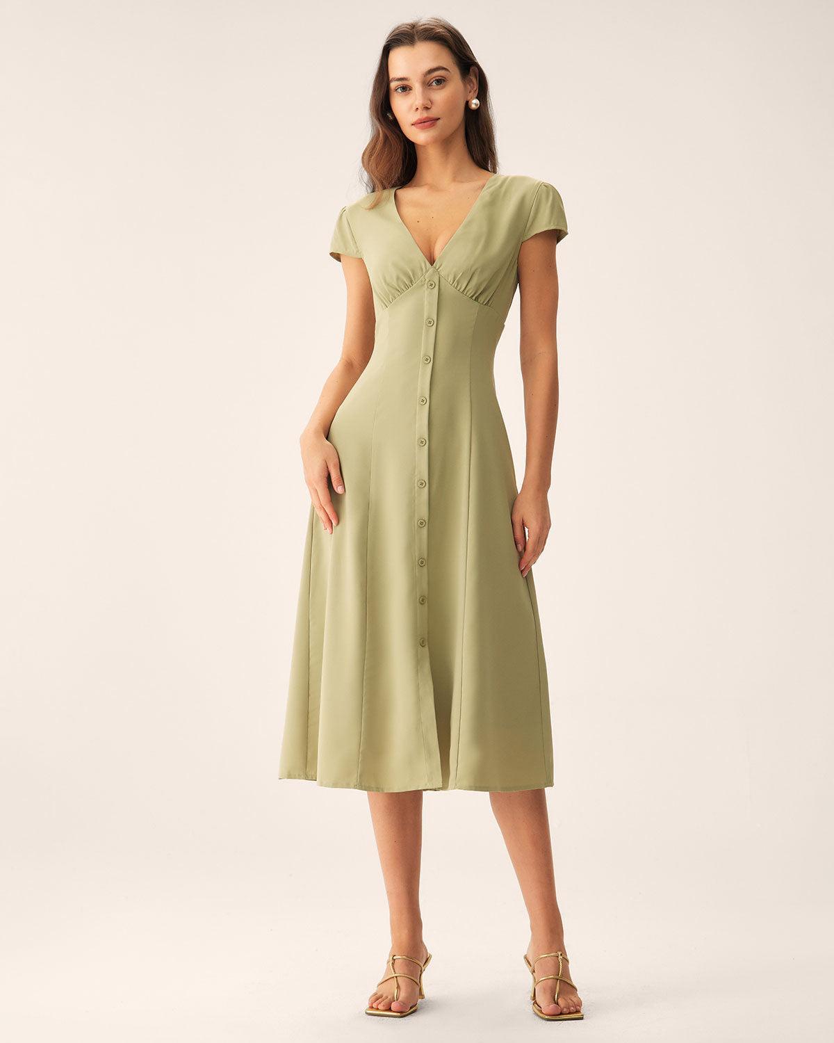 Green V-Neck Button Midi Dress Product Image
