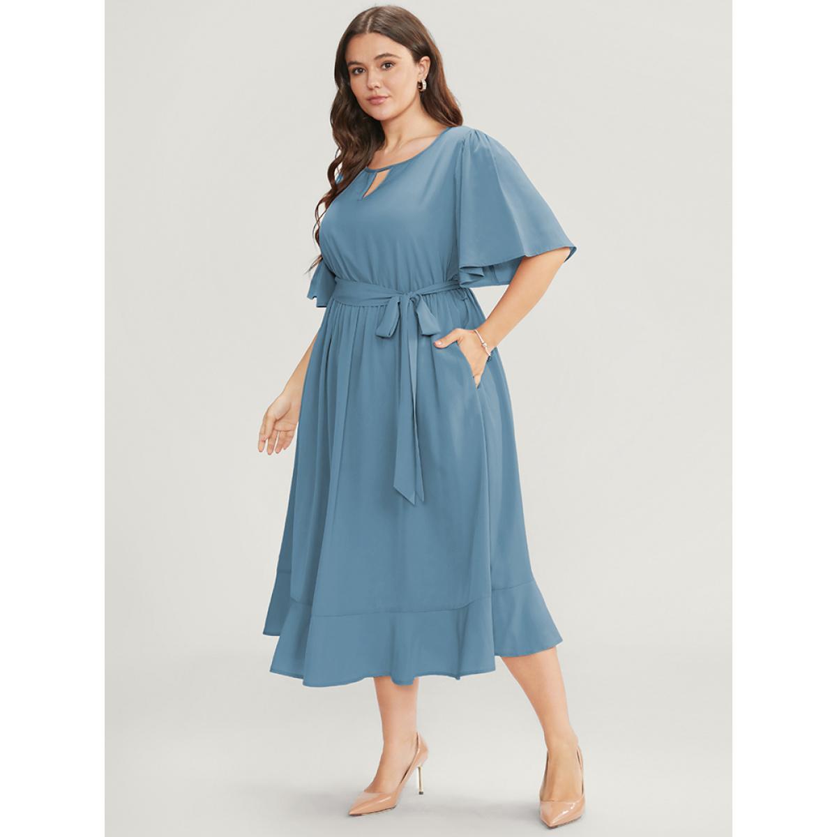 Plus Size Solid Keyhole Round Neck Pocket Belted Flutter Dress Stone Women Office Belted Round Neck Half Sleeve Curvy Midi Dress BloomChic 12/L Product Image
