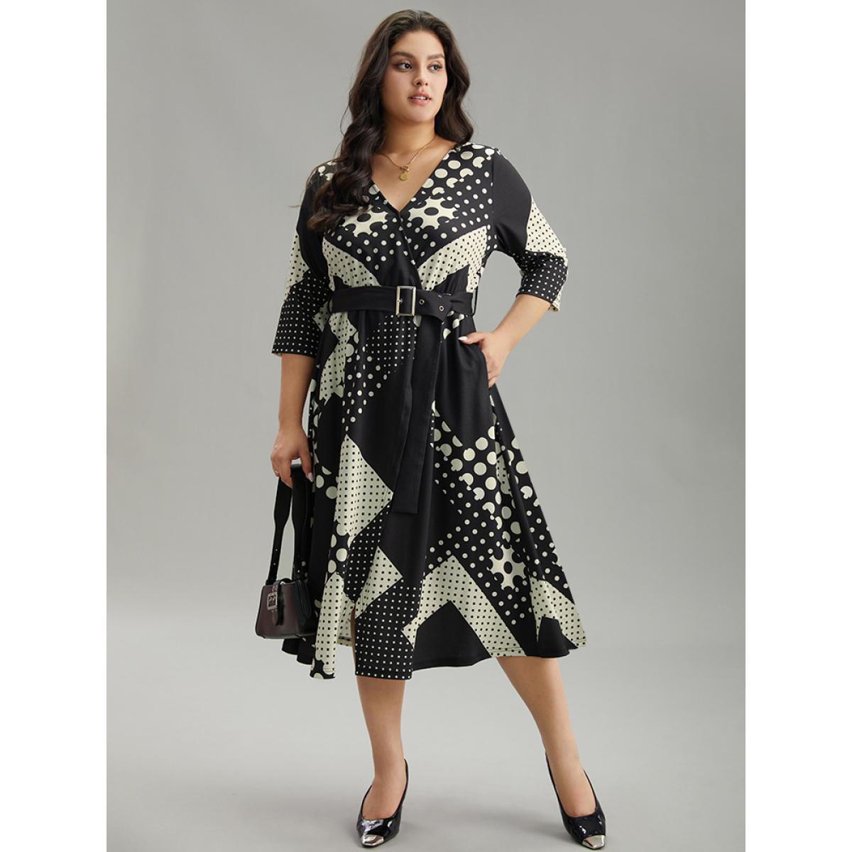 Plus Size Polka Dot Geometric print Belted Wrap Dress Black Women At the Office Wrap Overlap Collar Elbow-length sleeve Curvy Midi Dress BloomChic 18-20/2X Product Image