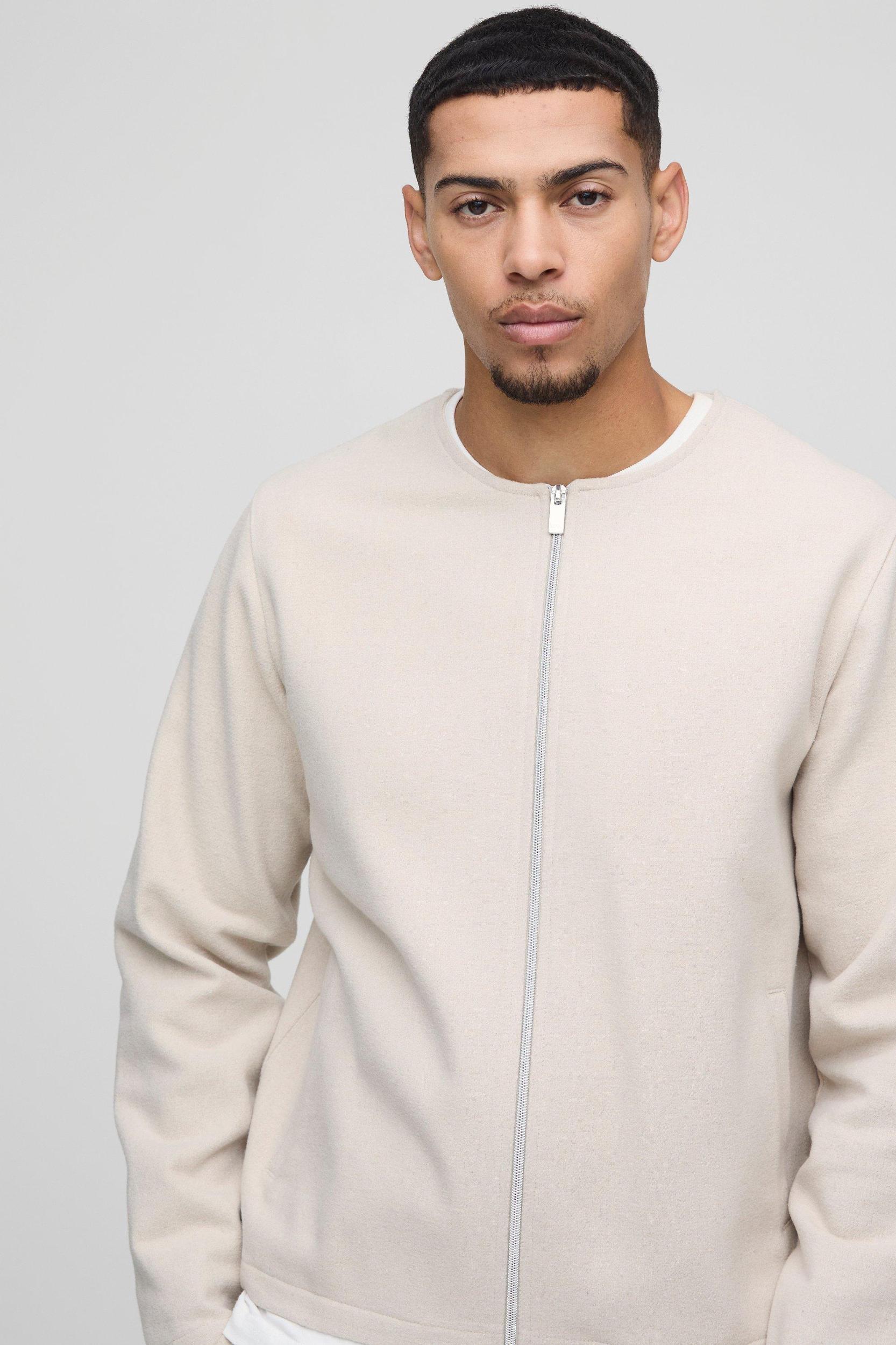 Regular Brushed Zip Through Collarless Jacket | boohooMAN USA Product Image