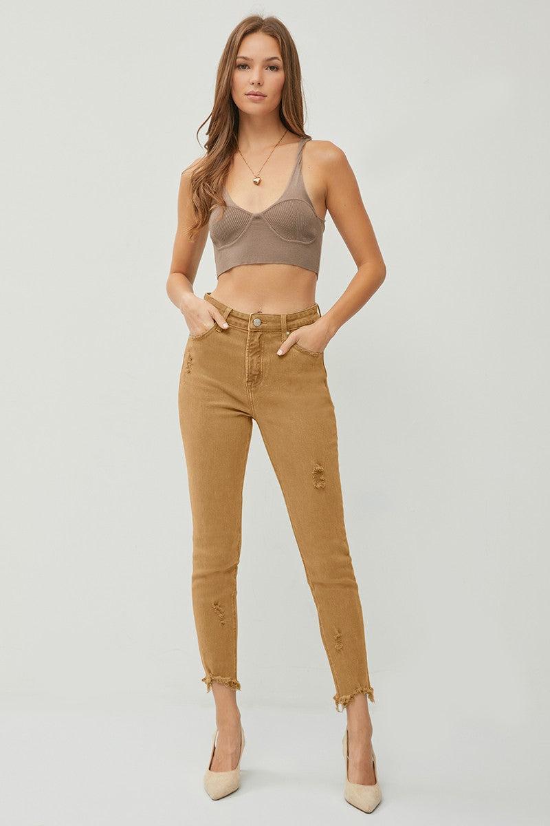 HIGH RISE FRAY HEM ANKLE SKINNY PANTS Product Image