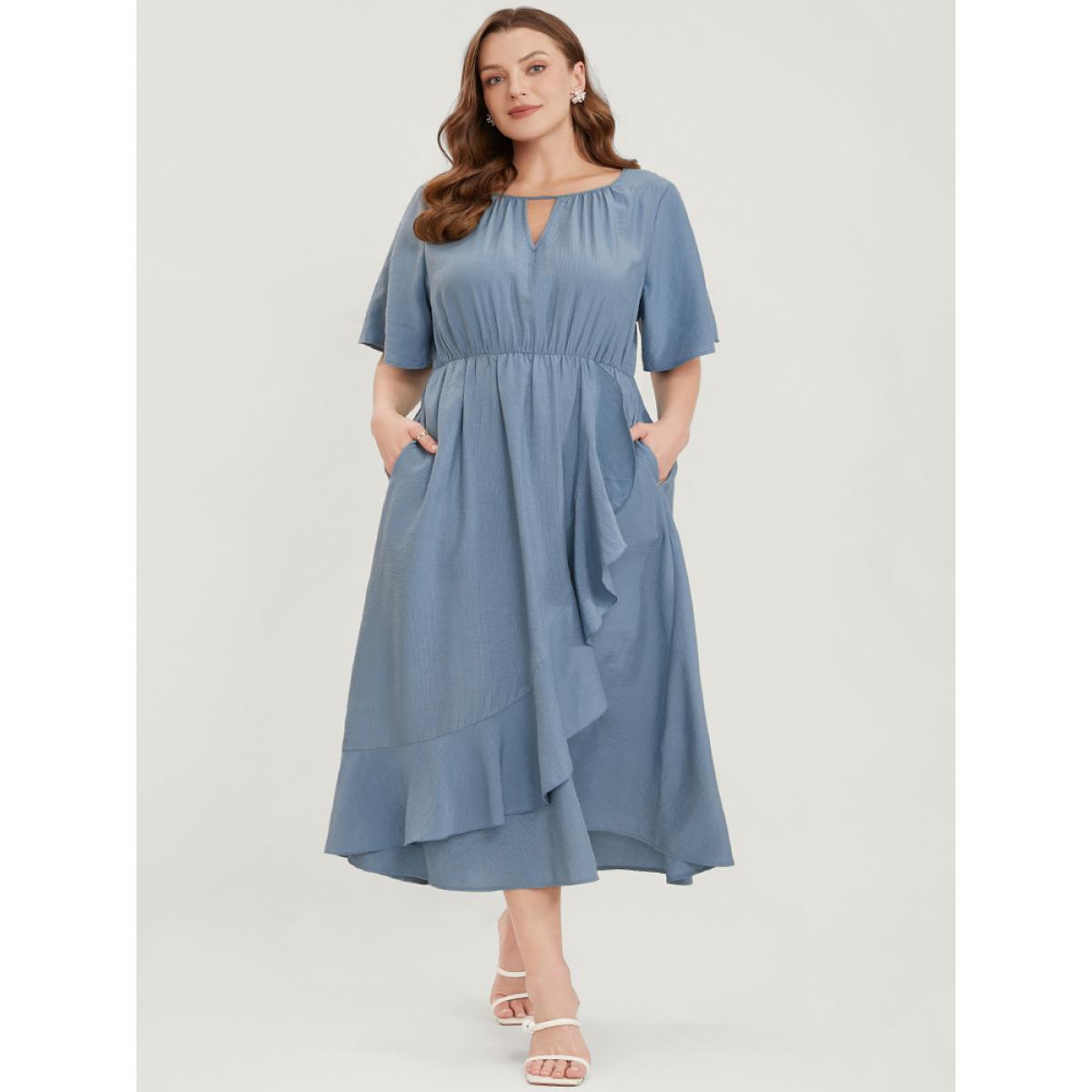 Plus Size Solid Keyhole Round Neck Pocket Ruffle Trim Rib Knit Dress Stone Women Elegant Cut-Out V-neck Short sleeve Curvy Midi Dress BloomChic 10/M Product Image