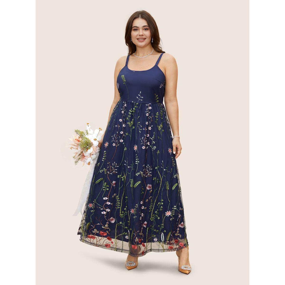 Plus Size U Neck Floral Embroidered Mesh Cami Dress DarkBlue Women Formal U-neck Sleeveless Curvy BloomChic 22-24/3X Product Image