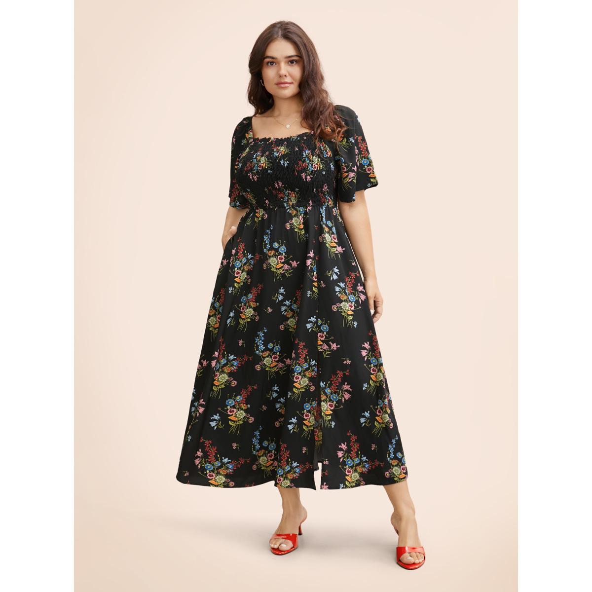 Plus Size Ditsy Floral Shirred Split Hem Dress Black Women Elegant Frill Trim Square Neck Short sleeve Curvy BloomChic 12/L Product Image