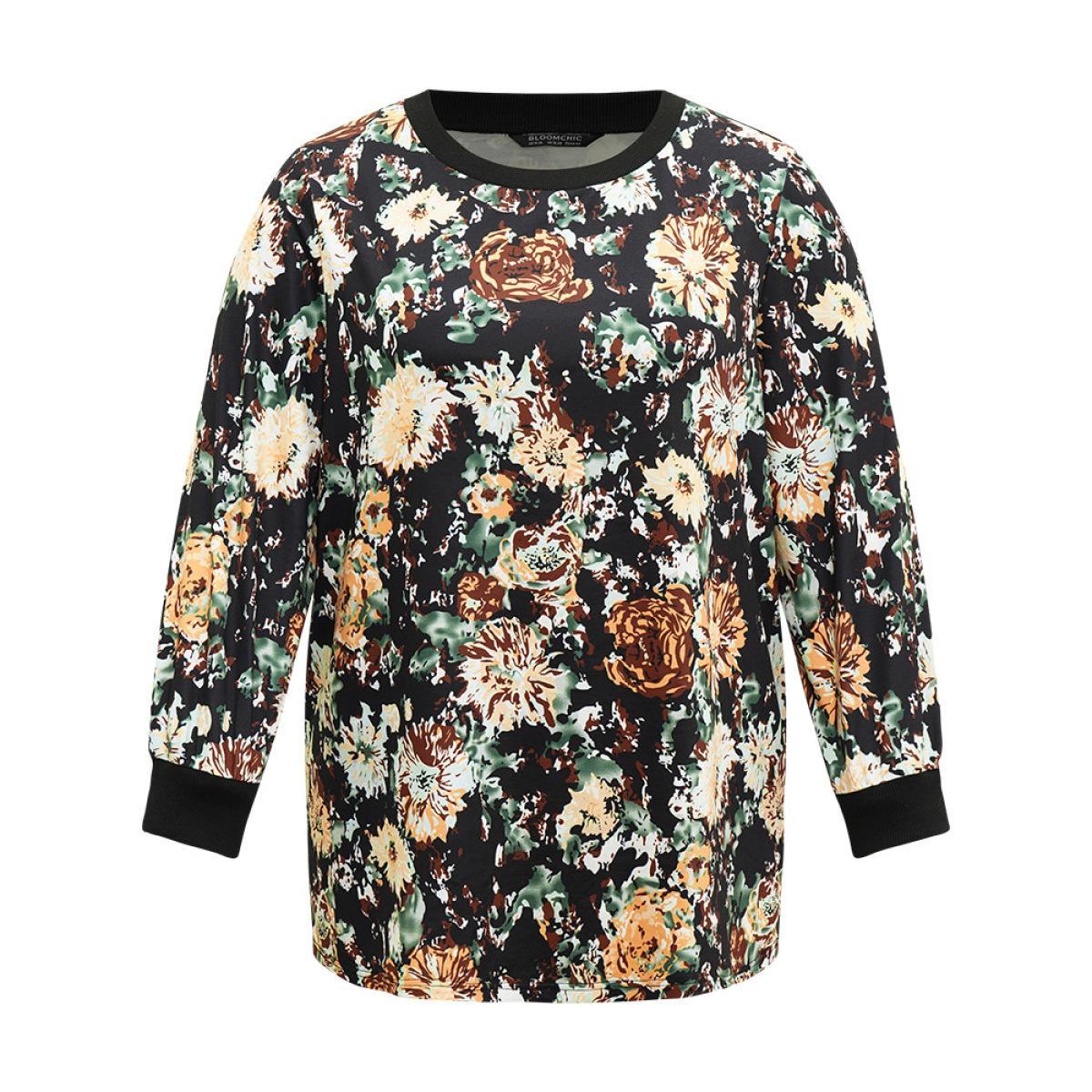 Plus Size Floral Print Elastic Cuffs Sweatshirt Women Black Elegant Printed Round Neck Dailywear Sweatshirts BloomChic 12/L Product Image