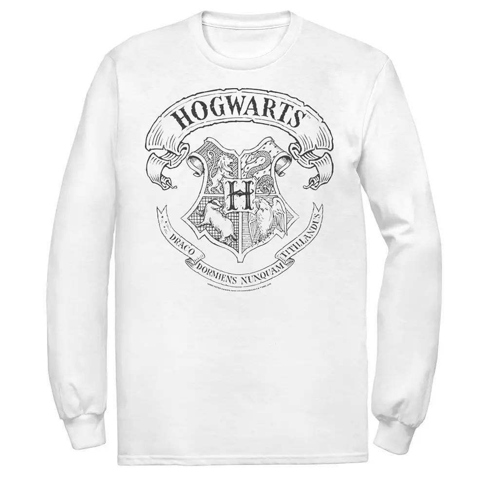 Men's Harry Potter Simple Hogwarts Crest Outline Long Sleeve Graphic Tee, Size: Medium, White Product Image