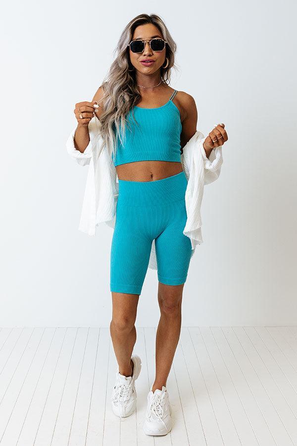 Up At Dawn High Waist Ribbed Biker Shorts in Turquoise Product Image