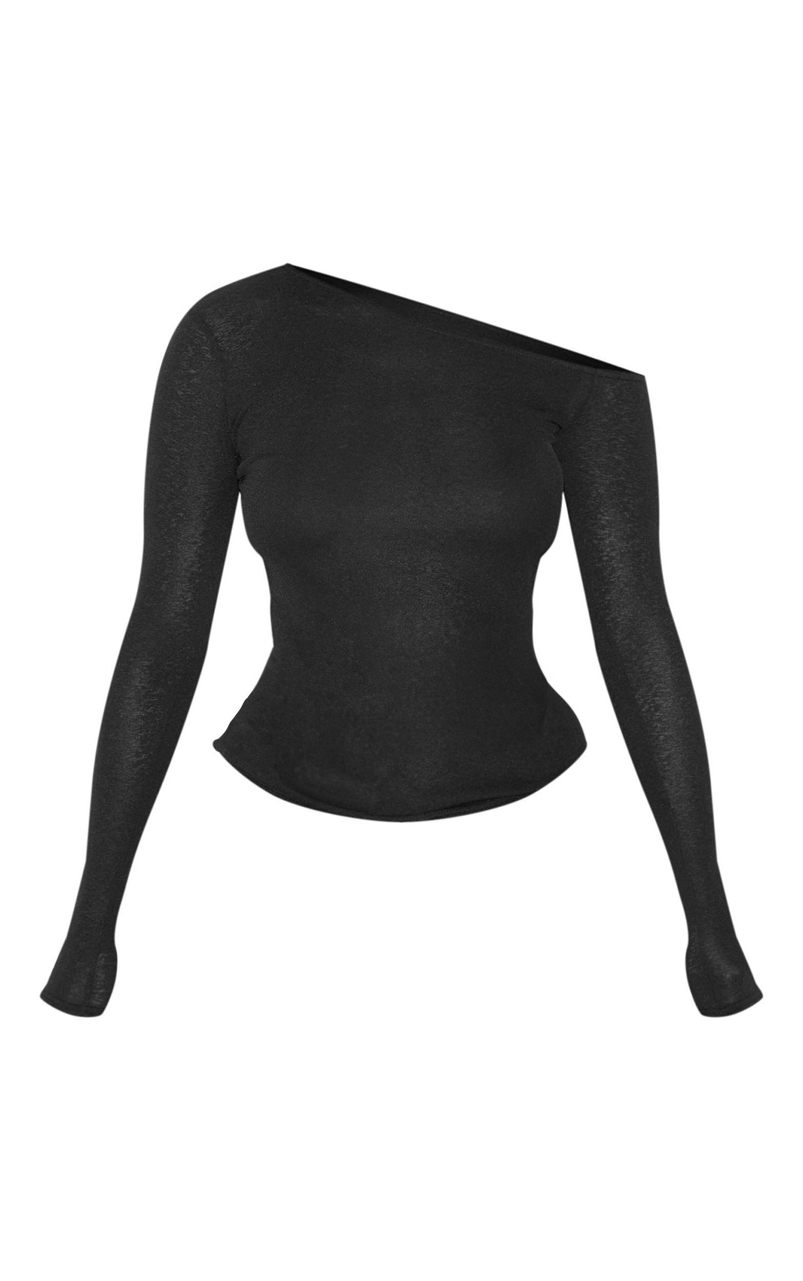  Black Burnout Mesh Asymmetric Shoulder Long Sleeve Top Product Image