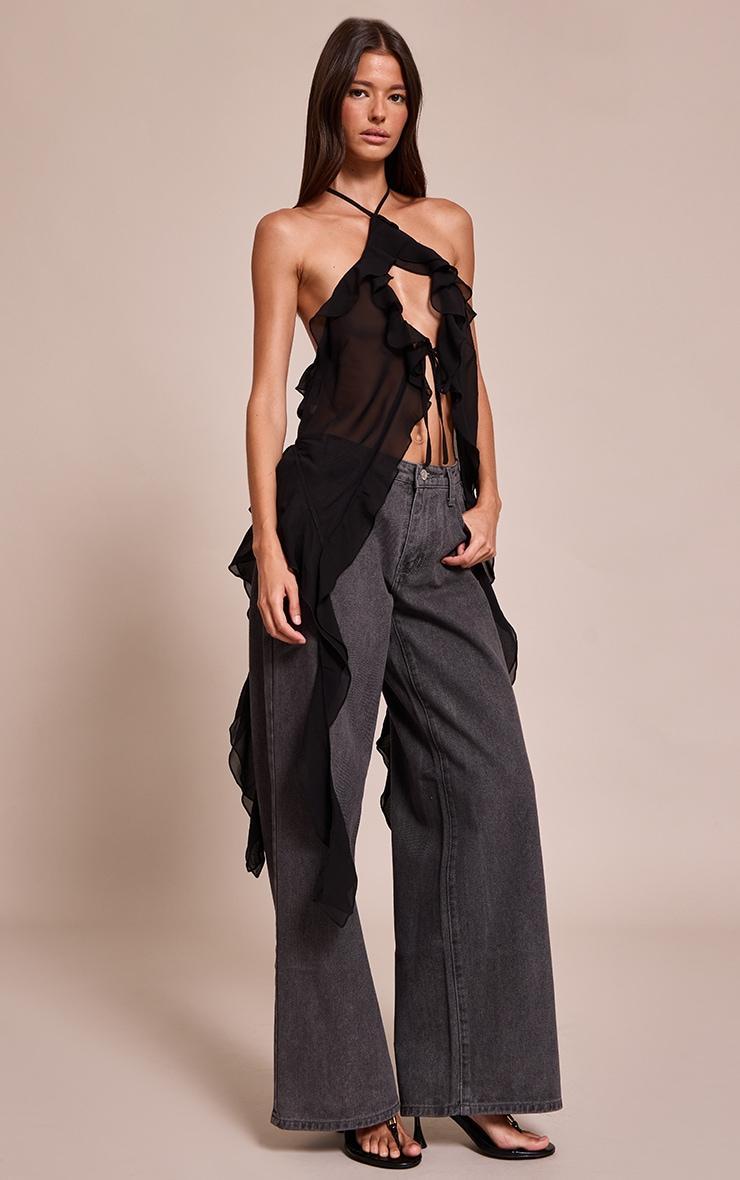 Black Chiffon Ruffle Drape Detail Longline Top Product Image