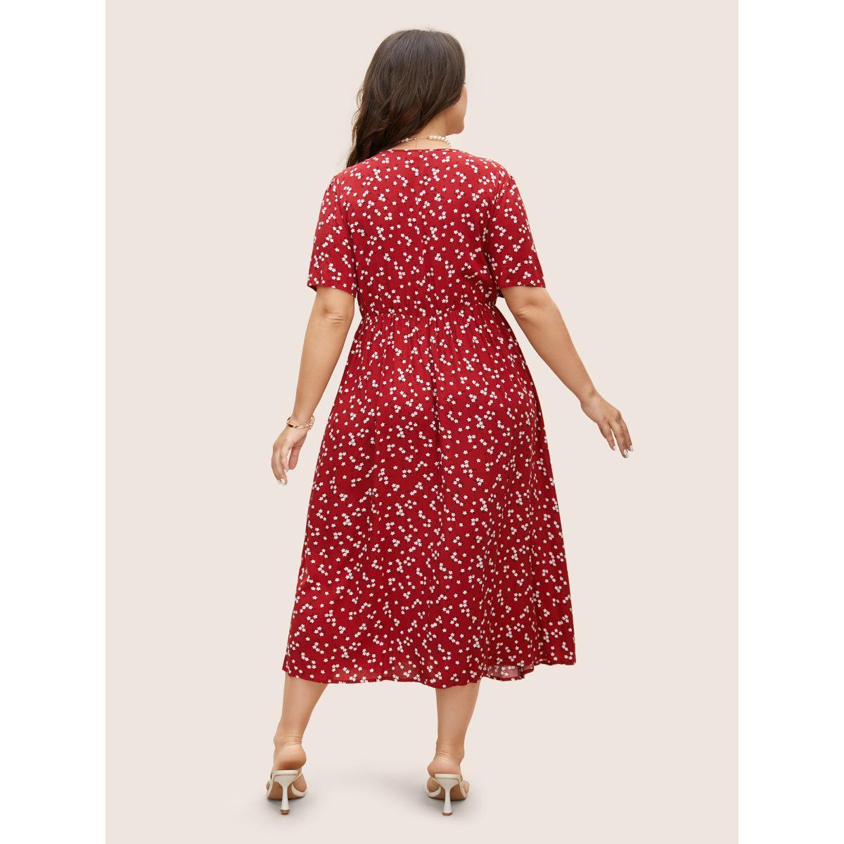 Plus Size Ditsy Floral Button Detail Elastic Waist Midi Dress Crimson Women Timeless Gathered V-neck Short sleeve Curvy BloomChic 22-24/3X Product Image
