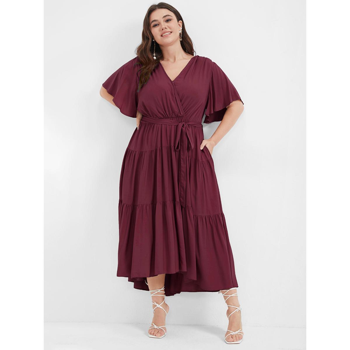 Plus Size Solid Button Pocket Belted Ruffles Wrap Midi Dress Burgundy Women Elegant Cross straps V-neck Short sleeve Curvy Long Dress BloomChic 22-24/3X Product Image