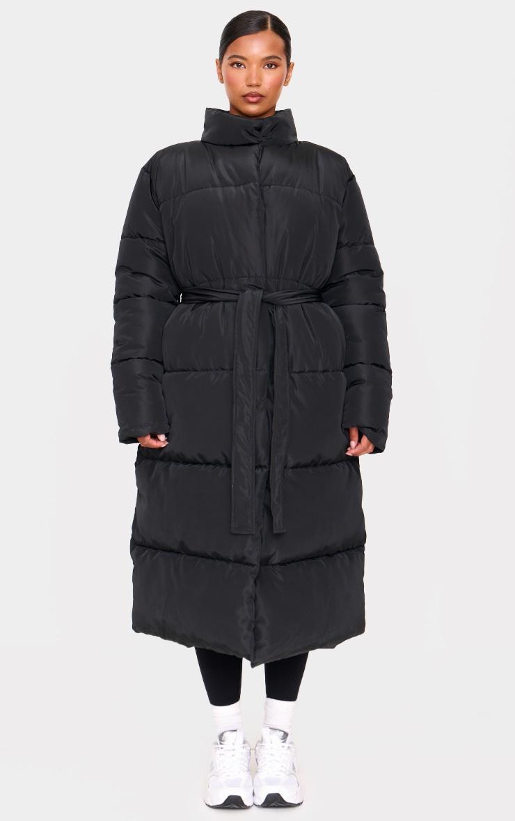 Black Quilted Longline Tie Waist Puffer Coat Product Image