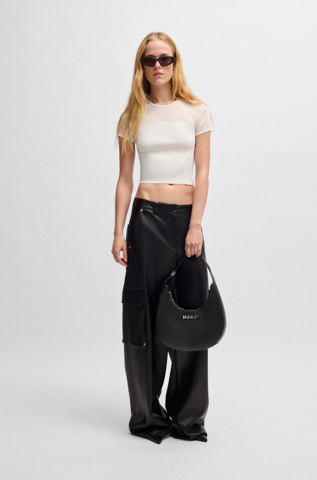 Rib-knit top with sheer panels and logo chain Product Image