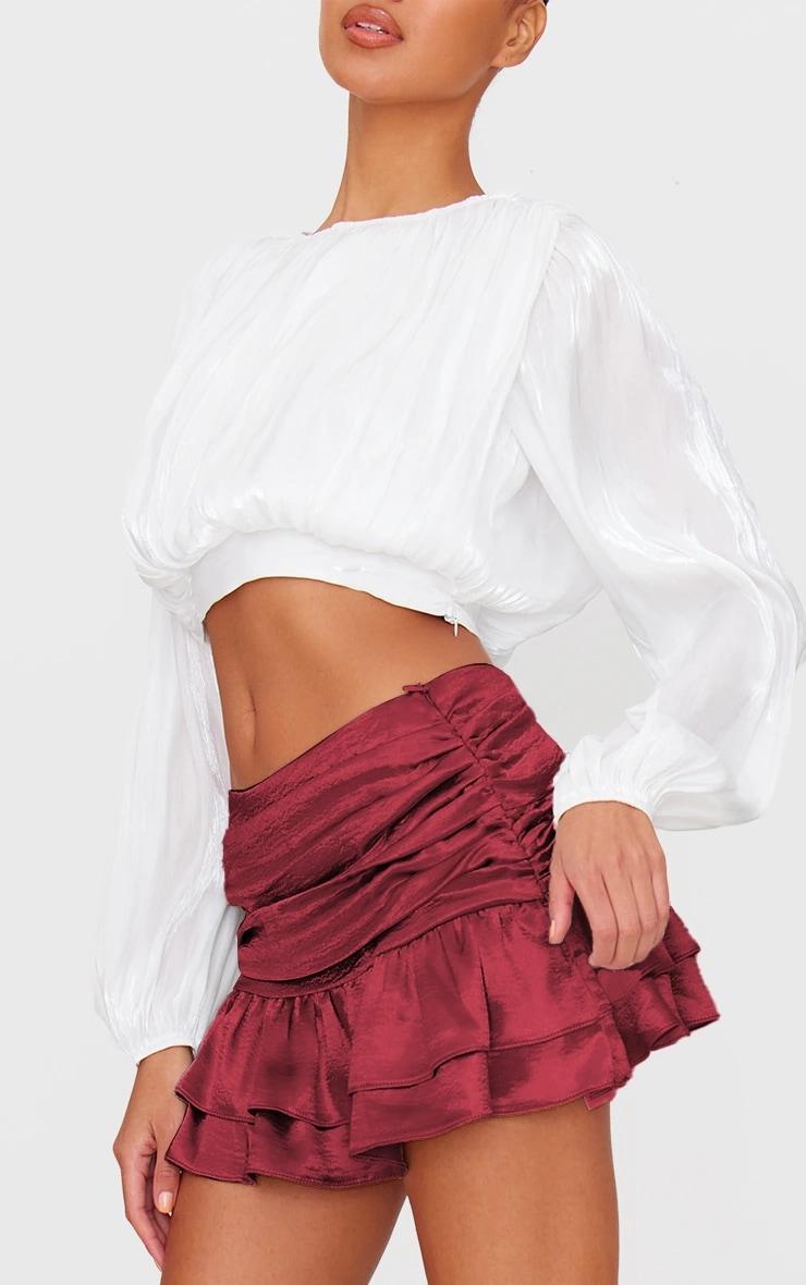 Burgundy Satin Frilly Hem Drop Waist Mini Skirt Product Image
